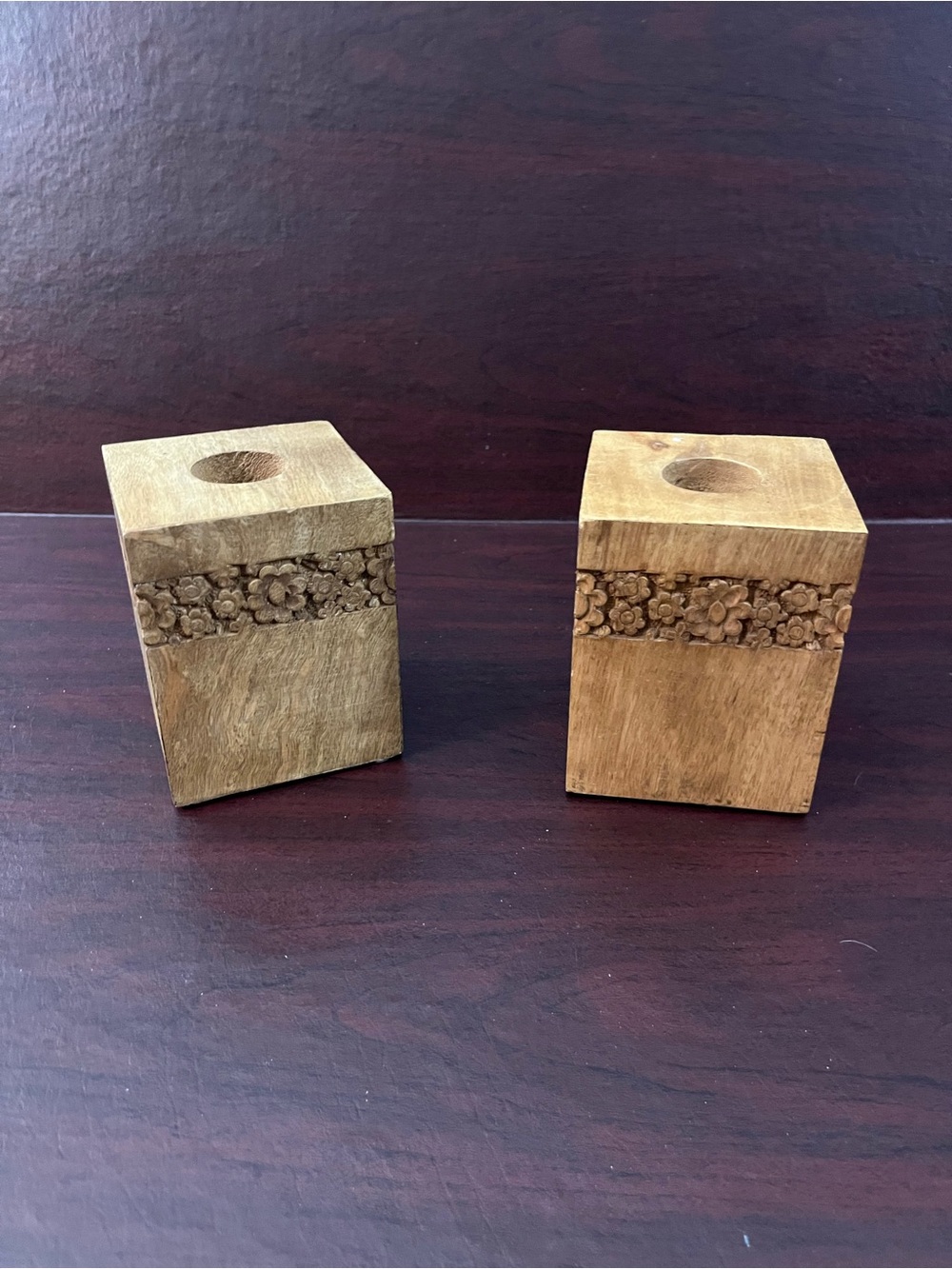 Hand-Carved Wooden tea light Candle Holders - Natural Brown